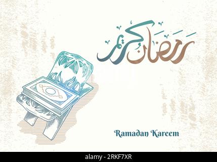 Carte de voeux Ramadan Kareem avec coran dessiné à la main et calligraphie arabe signifie «Saint Ramadan». Illustration de Vecteur