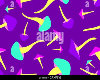 Colorful mushrooms seamless pattern. Mushroom on a long stalk in the style of the 80s. Hallucinogens and psychedelic mushrooms. Design for posters, ba Illustration de Vecteur