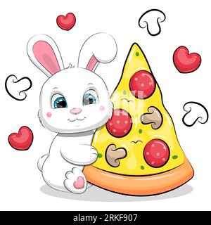 Mignon lapin blanc de dessin animé avec un grand morceau de pizza. Illustration vectorielle d'un animal sur un fond blanc avec des coeurs rouges et des champignons. Illustration de Vecteur