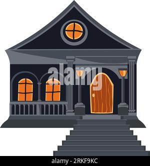 Joyeuse maison d'Halloween. Chalet sombre effrayant avec des lanternes et des escaliers. Architecture gothique de dessin animé dans le style plat. Illustration vectorielle. Illustration de Vecteur