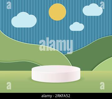 Podium de cylindre blanc sur vert nature Hills Landscape.3d papier coupé abstrait modèle de forme géométrique minimale background.Vector Illustration de Vecteur