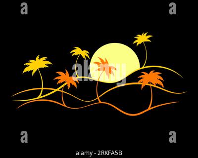 Paysage de vagues tropicales avec des palmiers au coucher du soleil dans un style minimaliste sur un fond noir. Paysage avec des palmiers dans le style d'art de ligne. Concevoir pour Illustration de Vecteur