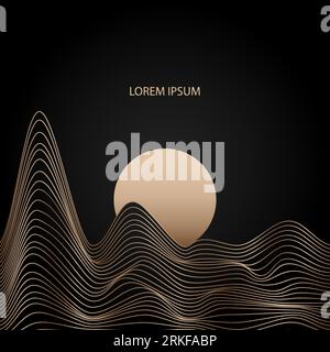 Montagnes abstraites linéaires dorées sur fond sombre, Lune sur fond de collines linéaires ondulées. Motifs asiatiques. Bannière vectorielle Illustration de Vecteur