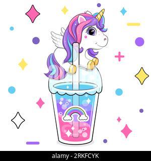 licorne de dessin animé mignon et boisson arc-en-ciel. Illustration vectorielle d'une tasse avec de l'eau colorée et avec un animal sur un fond blanc avec des étoiles. Illustration de Vecteur