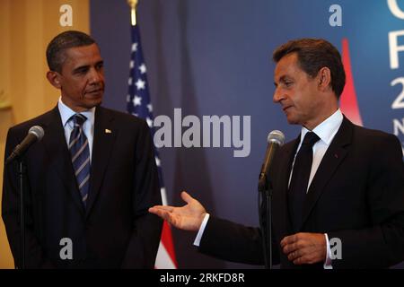 Bildnummer : 55402812 Datum : 27.05.2011 Copyright : imago/Xinhua DEAUVILLE , 27 mai 2011 (Xinhua) -- le président américain Barack Obama (à gauche) et le président français Nicolas Sarkozy se rencontrent en marge du sommet du G8, à Deauville, dans le nord-ouest de la France, le 27 mai 2011. (Xinhua photo/Ministère des Affaires étrangères de la France) (jy) DEAUVILLE-FRANCE-US-MEET PUBLICATIONxNOTxINxCHN personnes Politik G8 G 8 Paris kbdig xdp premiumd 2011 quer Bildnummer 55402812 Date 27 05 2011 Copyright Imago XINHUA Deauville Mai 27 2011 XINHUA le président américain Barack Obama l et le président français Nicolas Sarkozy se rencontrent SUR la ligne latérale du G8 Banque D'Images