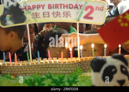 Bildnummer : 55402762 Datum : 27.05.2011 Copyright : imago/Xinhua CHIANG MAI, 27 mai 2011 (Xinhua) -- fêtez le deuxième anniversaire de Panda Lin Ping au zoo de Chiang Mai, en Thaïlande, le 27 mai 2011. Le bébé panda Lin Ping est le premier petit panda né en Thaïlande et est l'enfant des pandas géants Chuang Chuang et Lin hui de Chine. (Xinhua/Rachen Sageamsak) (djj) THAILAND-CHIANG MAI-PANDA-BIRTHDAY PUBLICATIONxNOTxINxCHN Gesellschaft Tiere Geburtstag Pandabär Panda Bär kbdig xdp premiumd 2011 quer o0 Geburtstagstorte torte Geburtstagskuchen Kuchen Kerze anzünden Bildnummer 55402762 Date Banque D'Images