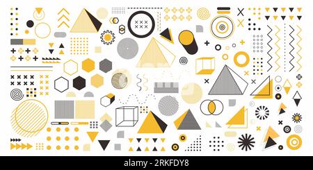 Objet d'ensemble de géométrie abstraite en couleur jaune. Un paquet 100 arts de conception géométrique Memphis design, éléments rétro pour le web, vintage, publicité, comm Illustration de Vecteur