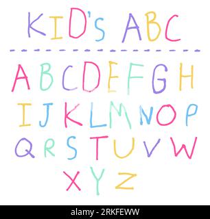 Dessiné à la main par de petites lettres d'enfant anglais ABC. Alphabet enfant primitif de dessin animé dans le style de doodle simple. design typographique coloré drôle en caractères latins Illustration de Vecteur