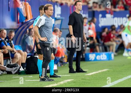 Pamplona, Espagne. 24 août 2023. Jagoba Arrasate (entraîneur ; CA Osasuna) vu lors du football espagnol de la Ligue de conférence, match entre CA Osasuna et Club Brugge KV au stade Sadar. Score final ; CA Osasuna 1:2 Club Brugge KV crédit : SOPA Images Limited/Alamy Live News Banque D'Images