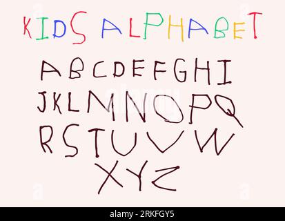 Dessiné à la main par de petites lettres d'enfant anglais ABC. Alphabet enfant primitif de dessin animé dans le style de doodle simple. Design typographique monochrome en caractères latins Illustration de Vecteur