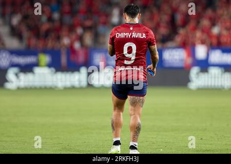 Pamplona, Espagne. 24 août 2023. Chimy Avila (attaquant ; CA Osasuna) vu lors du football espagnol de la Ligue de conférence, match entre CA Osasuna et Club Brugge KV au stade Sadar. Score final ; CA Osasuna 1:2 Club Brugge KV (photo Fernando Pidal/SOPA Images/Sipa USA) crédit : SIPA USA/Alamy Live News Banque D'Images