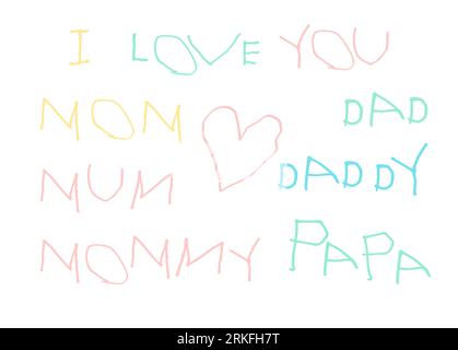 Dessiné à la main par de petites lettres d'enfant anglais Je t'aime. Dessin animé primitif enfant déclaration d'amour dans la conception de typographie de style doodle simple en char latin Illustration de Vecteur