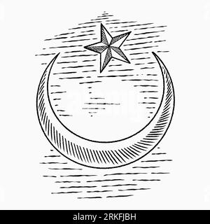Image dessinée à la main du croissant de lune avec étoile. Symbole islamique dans le style vintage. Ramadan Kareem avec des éléments de design islamiques. Religion musulmane sur turquois Illustration de Vecteur