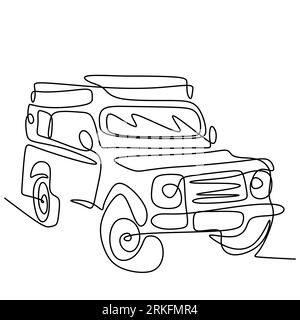 Une seule ligne tracée continue de voiture de wrangler de jeep. Une jeep classique isolée sur fond blanc. Aventure tout-terrain transport de véhicule de rallye c Illustration de Vecteur