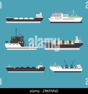 Ensemble de bannières web vectorielles plates sur le thème du transport maritime. Navire industriel : navire porte-conteneurs, croisière et pétrolier, transport de marchandises. Chariot d'eau Illustration de Vecteur