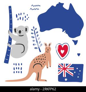 Grand ensemble plat de célèbres icônes australiennes koala, kangourou, drapeau et carte isolé sur fond blanc. Cuisine traditionnelle, architecture, symbole culturel Illustration de Vecteur