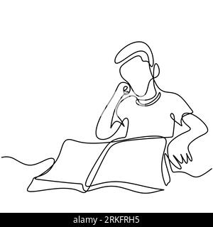 Un garçon adolescent avec un livre en continu dessin d'une ligne. Jeune homme assis et lire un livre à étudier dans la salle isolé sur fond blanc. Retour à s Illustration de Vecteur
