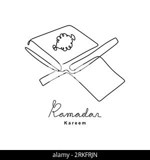 Dessin continu de livre ouvert Coran sur un support de livre en bois. Jour sacré islamique Ramadan Kareem et Eid Mubarak concept isolé sur fond blanc Illustration de Vecteur