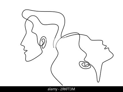 Dessin continu d'une ligne de têtes d'homme et de femme sur fond blanc. Jeune couple en appui l'un sur l'autre. Bonne Saint Valentin. Style minimaliste ro Illustration de Vecteur