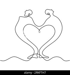 Un dessin au trait continu de couple faisant la pose de yoga. Un homme et une femme se tiennent dos à dos et s'étirent en se tenant les mains l'un de l'autre. Partenaire de yoga Brea Illustration de Vecteur