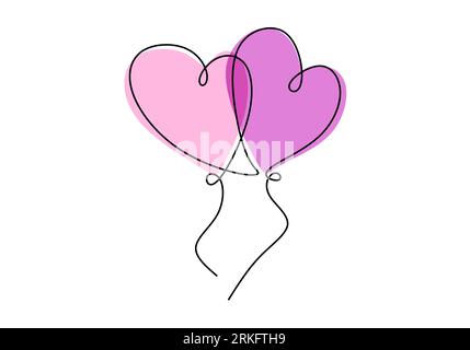 Un dessin en ligne continue de deux ballons en forme de coeur dans l'air. Concept de carte d'invitation de mariage romantique isolé sur fond blanc. Joyeux Valen Illustration de Vecteur