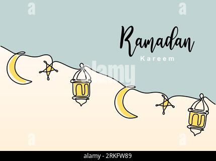 Dessin au trait continu de décoration islamique avec lanterne, étoile et lune et lettrage. Fête traditionnelle musulmane. Dessin au trait dessiné à la main du Ramadan K. Illustration de Vecteur