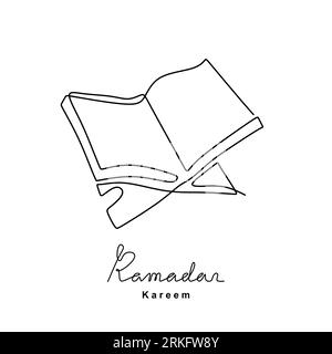 Dessin continu de livre ouvert Coran sur un support de livre en bois. Jour sacré islamique Ramadan Kareem et Eid Mubarak concept isolé sur fond blanc Illustration de Vecteur