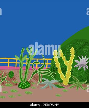 Beautiful postcard with cactuses composition. Stylish Mexican landscape, decorative exotical plants home garden. Vector illustration Illustration de Vecteur