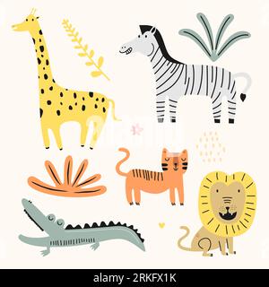 Collection vectorielle d'animaux mignons pour les enfants. Animaux de la jungle avec lion, crocodile, chat, zèbre. Zoo graphique dessiné à la main. Parfait pour la douche de bébé, carte postale Illustration de Vecteur