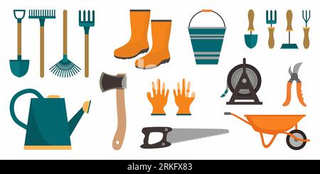 Outils de jardinage dans des objets de jeu de style plat Illustration de Vecteur