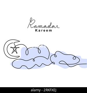 Dessin continu d'une ligne de croissant de lune et d'étoile dans le ciel nuageux symbole de l'emblème de la religion. EID Mubarak, célébration musulmane. Ramadan Kareem Illustration de Vecteur