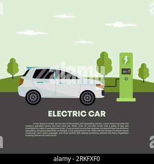 Voiture électrique à la station de charge dans un style plat Illustration de Vecteur