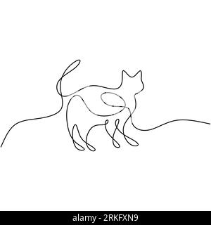 Silhouette de conception de chat d'une ligne dans le style de minimalisme dessiné à la main isolé sur fond blanc. Visage de chaton chat avec longue queue. Concept d'animaux de compagnie. Vecto Illustration de Vecteur