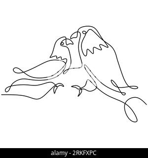 Dessin au trait continu de deux oiseaux volants. Couple d'oiseaux dans l'amour volent ensemble dans le ciel minimalisme dessiné à la main isolé sur fond blanc. Valen Illustration de Vecteur