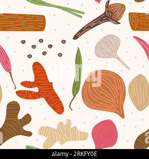 Vector Seamless modèle avec des herbes telles que le gingembre, le piment, l'oignon, l'oignon rouge, l'ail, clou de girofle, citronnelle, curcuma. Dessinez le design des épices pour pape Illustration de Vecteur