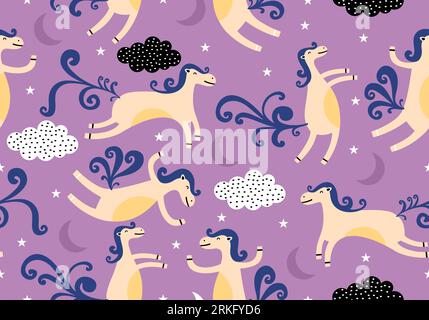 Motif vectoriel sans couture dessiné à la main avec des licornes mignons, des étoiles, des nuages et un arc-en-ciel. Fond magique avec dans la couleur violet doux. Parfait pour le tissu, wal Illustration de Vecteur