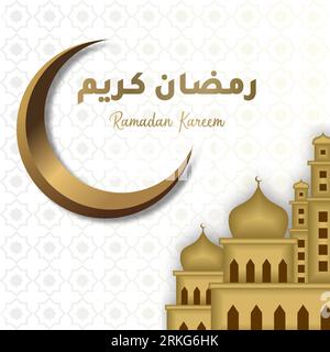 Carte de voeux Ramadan Kareem avec croissant doré, grande mosquée dorée et calligraphie arabe signifie «Holly Ramadan». Esquisse dessinée à la main la conception élégante est Illustration de Vecteur