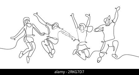 Un seul dessin au trait continu de quatre adolescents heureux qui sautent, isolés sur fond blanc. Illustration de Vecteur