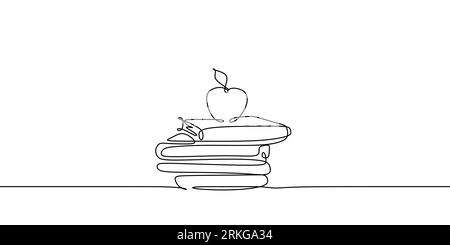 Dessin continu d'une ligne de pomme au-dessus des livres empilent la conception minimaliste d'illustration vectorielle sur fond blanc. Motif simple isolé moderne Illustration de Vecteur