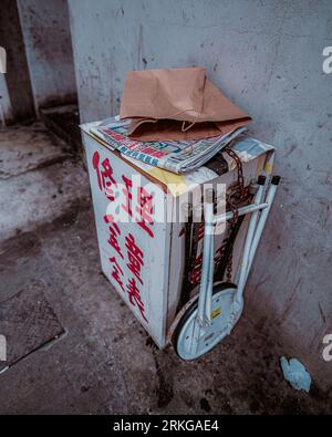 Portable table and chairs for selling at Hong Kong Street Stock Photo