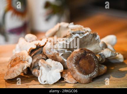 Champignons sauvages frais prêts pour la cuisson sur planche à découper en bois UK Banque D'Images