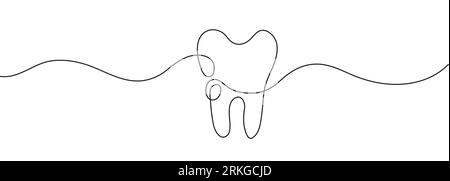 Vecteur d'icône de dent dans le style de dessin de ligne continue. Vecteur d'icône de traitement de caries, tartre ou kyste dentaire. Couronne dentaire et obturation, blanchiment des dents. Illustration de Vecteur