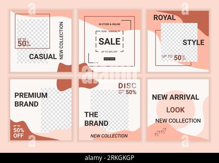 6 définissez des modèles de bannières carrées minimales modernes modifiables. Arrière-plans de puzzle design féminin dans un style minimal avec du rose pastel. Adapté aux médias sociaux Illustration de Vecteur