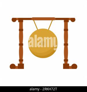 Icône plate de vecteur de Gong. Instrument traditionnel indonésien métallophone (gamelan) appelé Gong ou Kempul. Il s'agit d'une comédie musicale perc d'Asie de l'est et du Sud-est Illustration de Vecteur