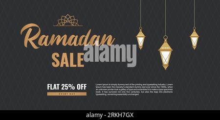 Ramadan MEGA offre un design de bannière avec des lanternes suspendues arabes traditionnelles et une offre de réduction de 25% sur fond noir. Concept business marketing PROM Illustration de Vecteur