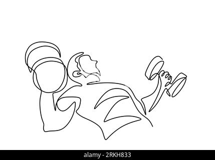 Homme tenant une barre continue illustration vectorielle de dessin d'une ligne. Un homme sportif fort soulevant des poids et un entraînement de bodybuilder. Thème de la salle de gym de Wor Illustration de Vecteur