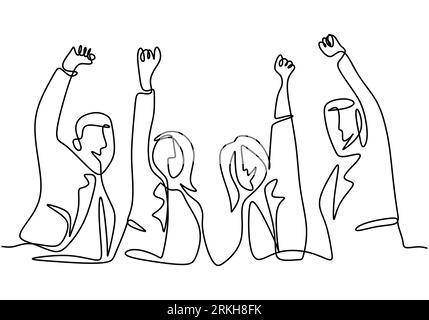 Dessin de ligne continu de travailleur de bureau mains vers le haut et sautant heureux. Jeune homme d'affaires et femme d'affaires exprime sur le succès avec de nouveaux projets han Illustration de Vecteur