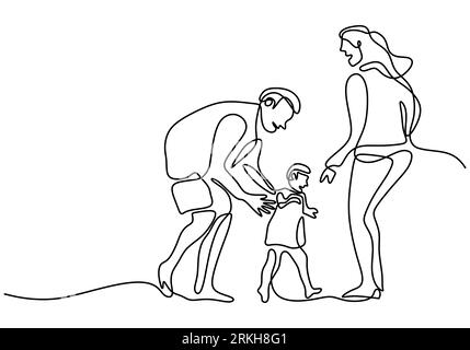 Dessin continu d'une ligne de père de famille heureux, mère et leur enfant jouant ensemble au champ de la maison isolé sur fond blanc. Famille heureuse p Illustration de Vecteur