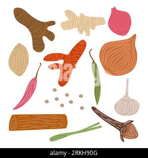 Ensemble d'épices et d'herbes. Gingembre tiré à la main, piment, oignon, oignon rouge, ail, clou de girofle, safran, citronnelle, curcuma. Croquis épices vecteur collec Illustration de Vecteur