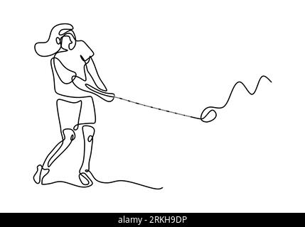 Un dessin continu de ligne de jeune heureuse femme joueur de golf balancent le club de golf pour frapper la balle. Belle fille jouant au golf en plein air. Vecteur illus Illustration de Vecteur